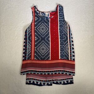 One Urban Day Womens Medium Boho Tribal Geometric Split Back Sleeveless Top Red